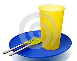 PlasticÃÂ plate,ÃÂ cup,ÃÂ spoon and fork photo
